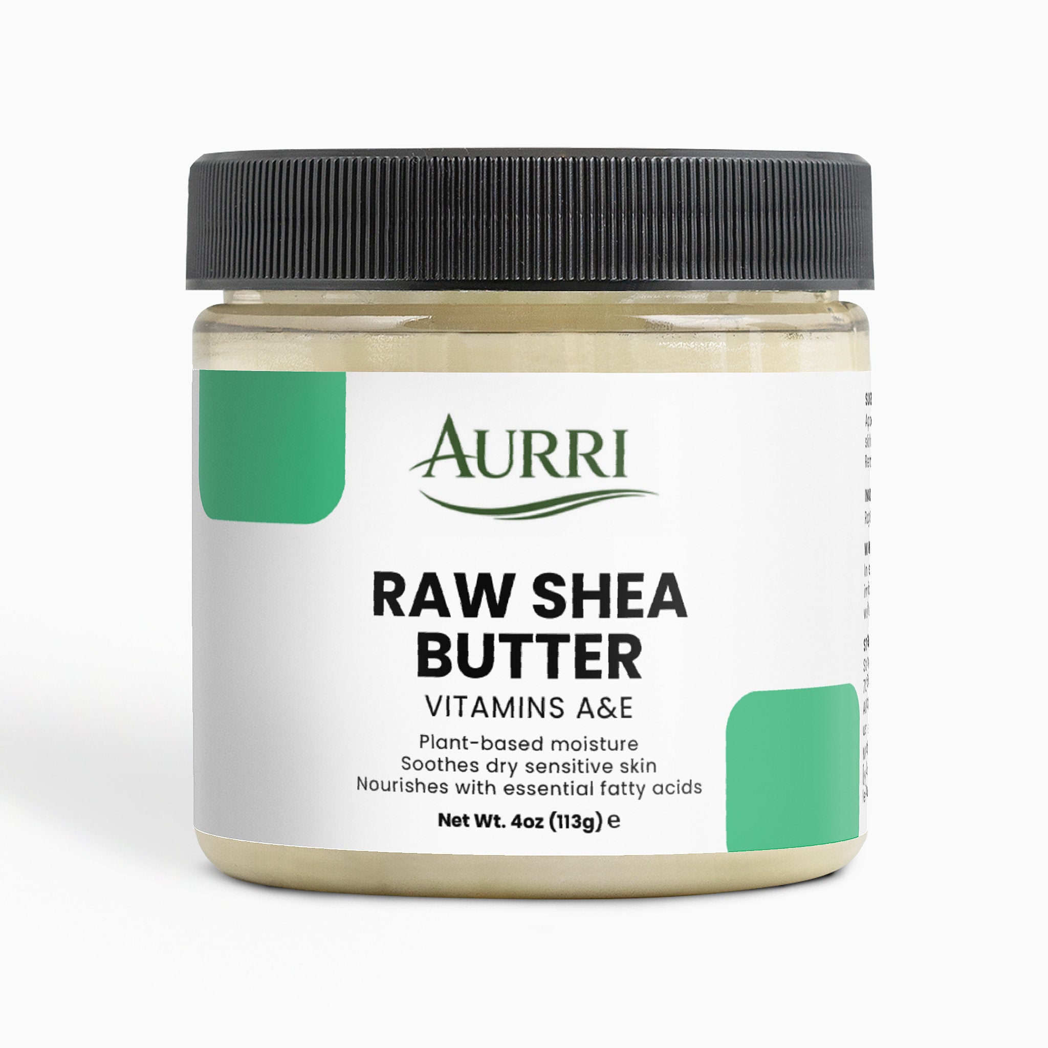 Jar of raw shea butter with vitamins A and E for sensitive, dry skin care