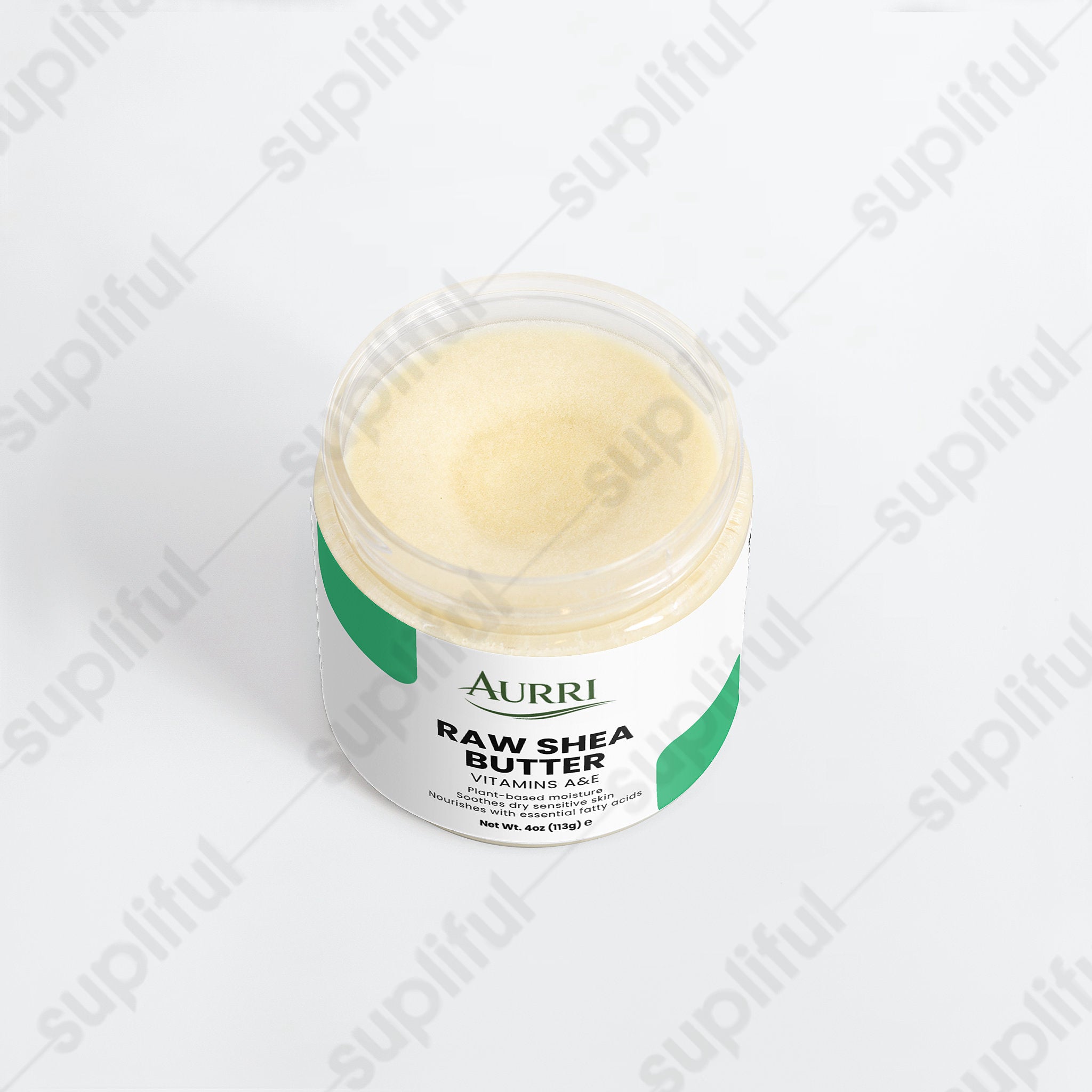 Jar of raw shea butter moisturizer with vitamins A and E for skin care