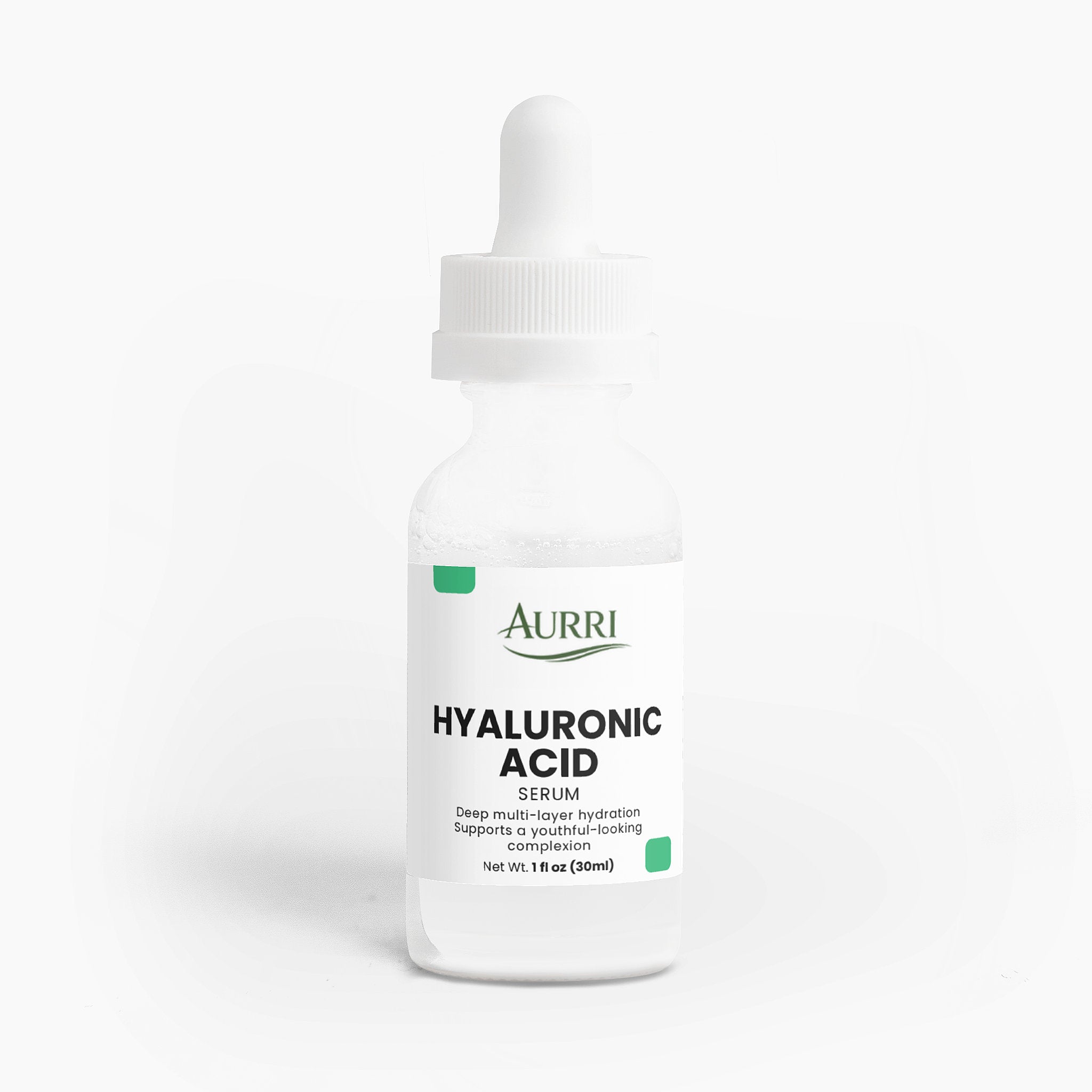Clear dropper bottle of hyaluronic acid serum for skin hydration on white background