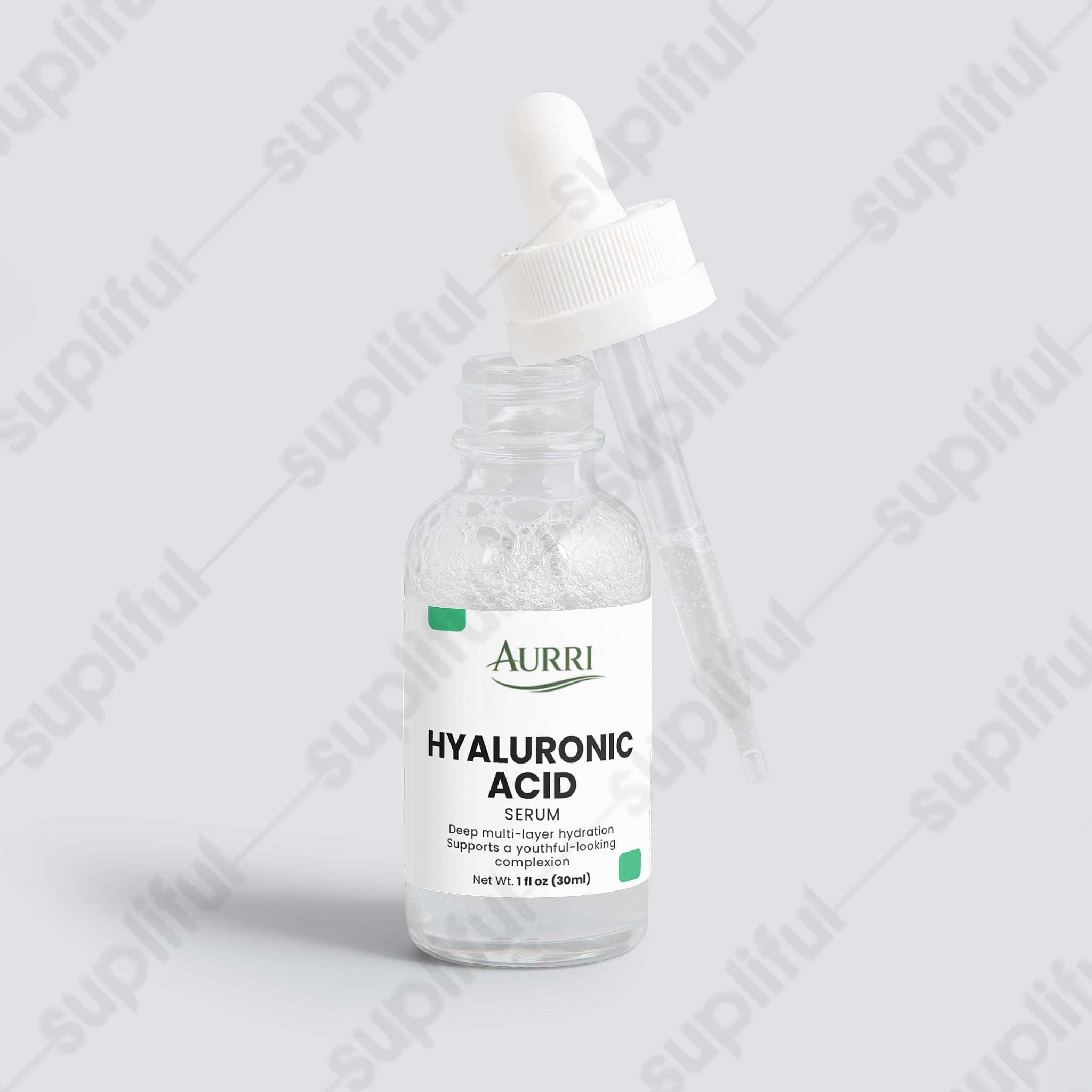 Clear hyaluronic acid serum bottle with dropper, labeled for deep skin hydration