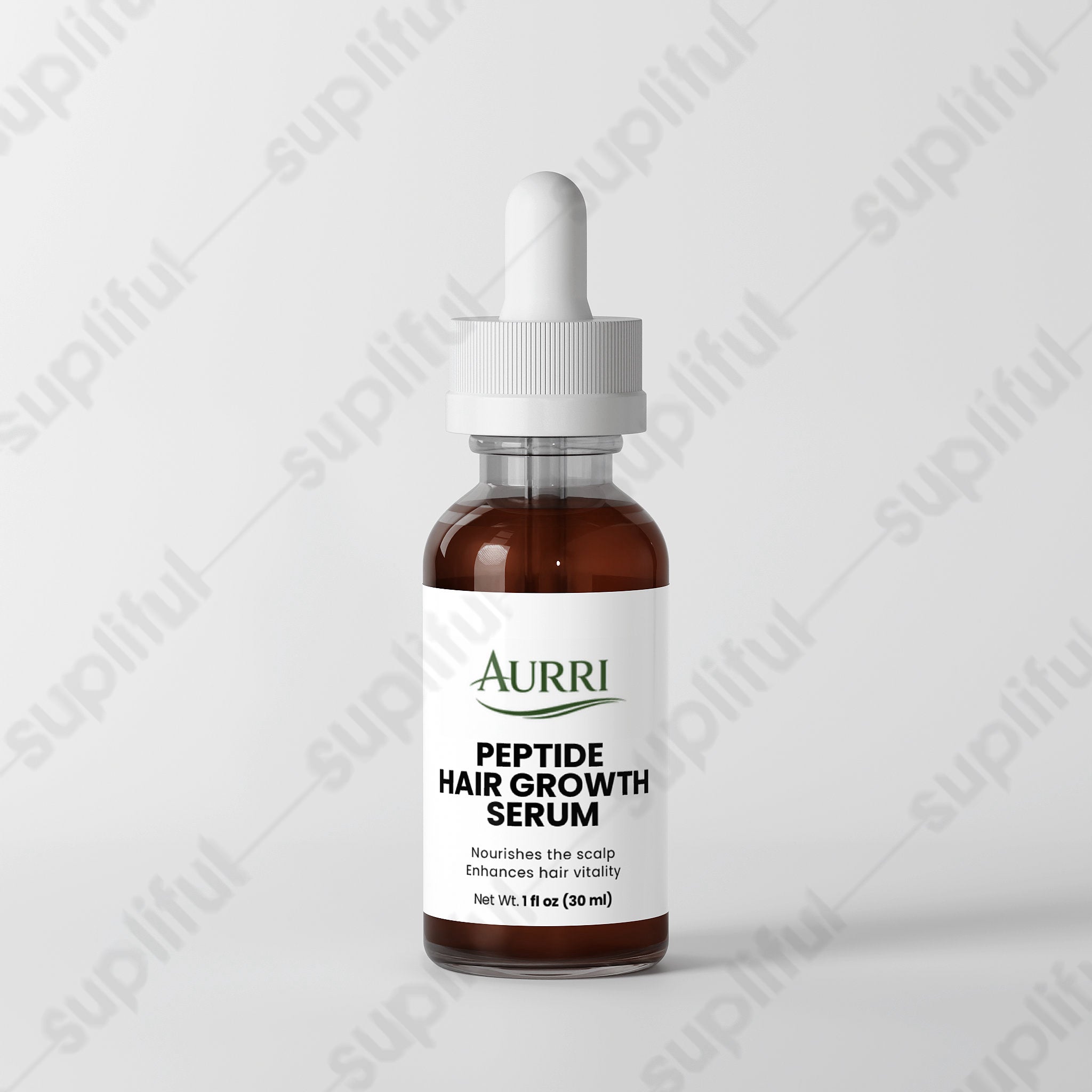 Dropper bottle of peptide hair growth serum on white background, scalp nourishment product