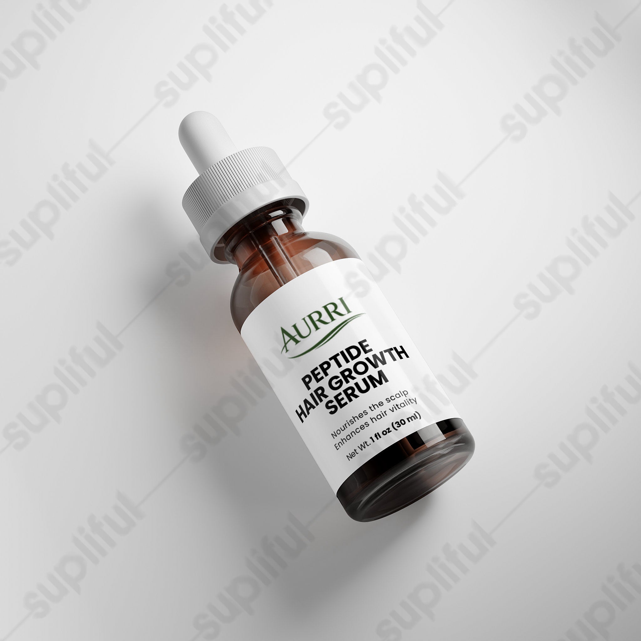Brown glass dropper bottle labeled peptide hair growth serum on a white background
